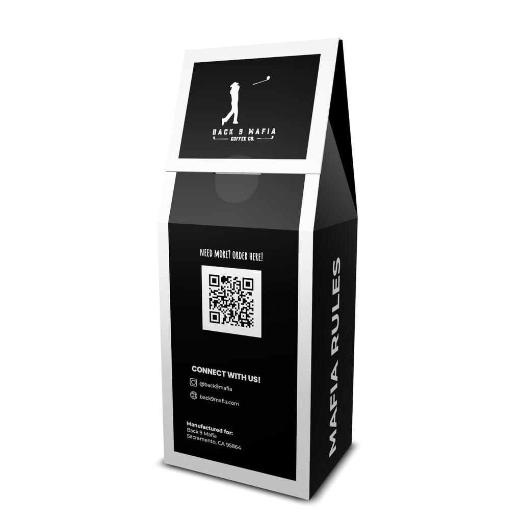 Back of the Back 9 Mafia Espresso Light Roast box - QR code, @back9mafia and back9mafia.com