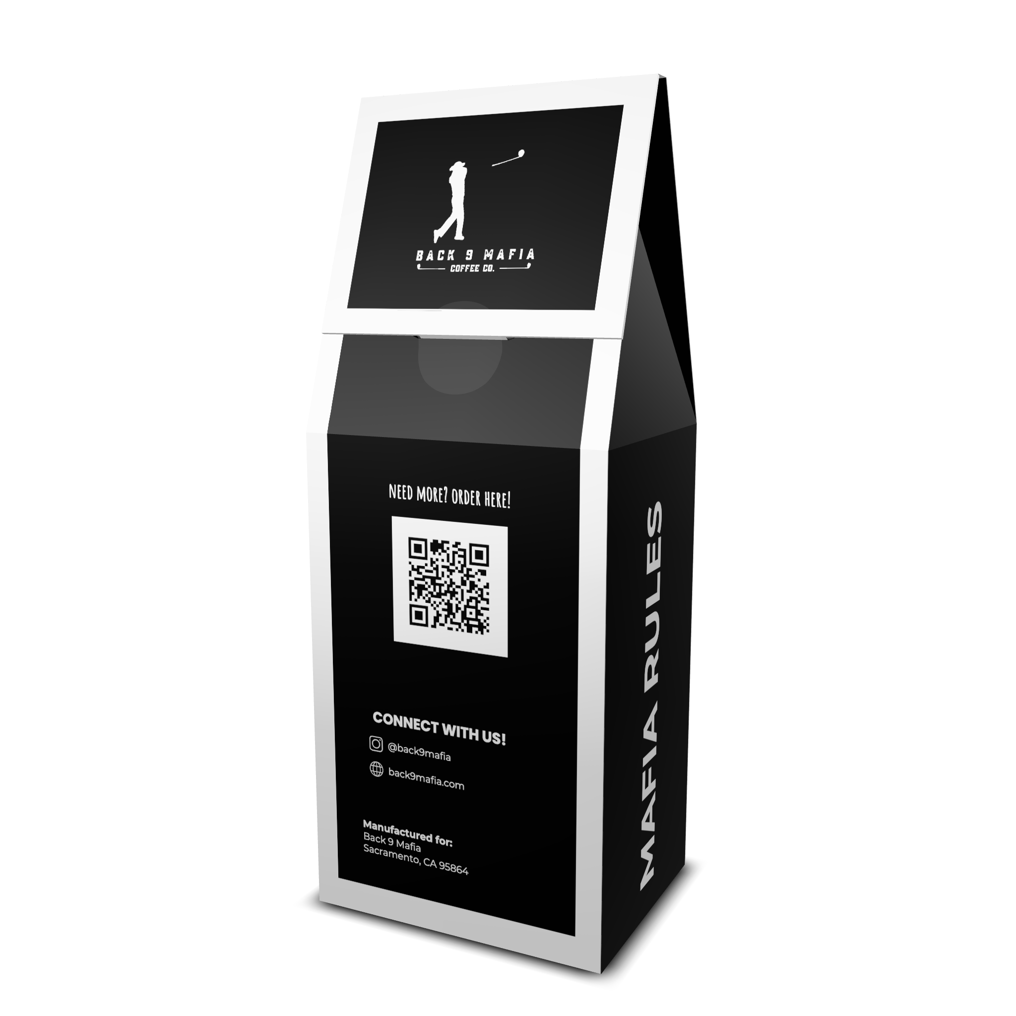 Back of the Back 9 Mafia Coffee Light Roast box - QR code, @back9mafia and back9mafia.com