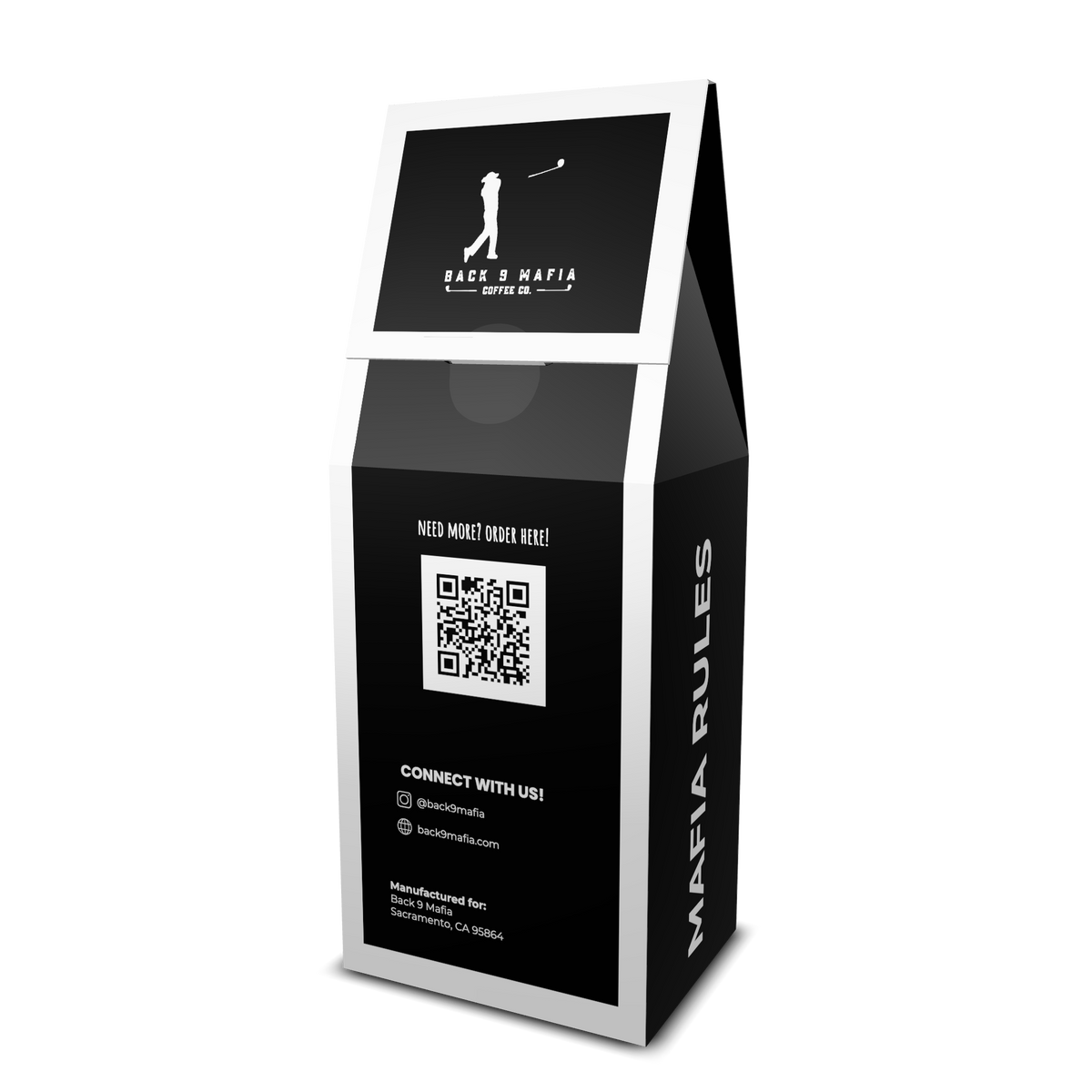 Back of the Back 9 Mafia Coffee Dark Roast box - QR code, @back9mafia and back9mafia.com
