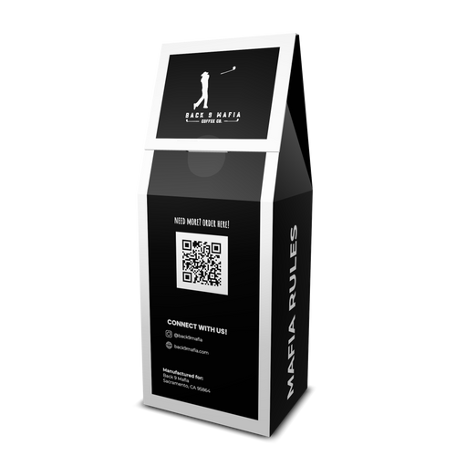 Back of the Back 9 Mafia Coffee Dark Roast box - QR code, @back9mafia and back9mafia.com