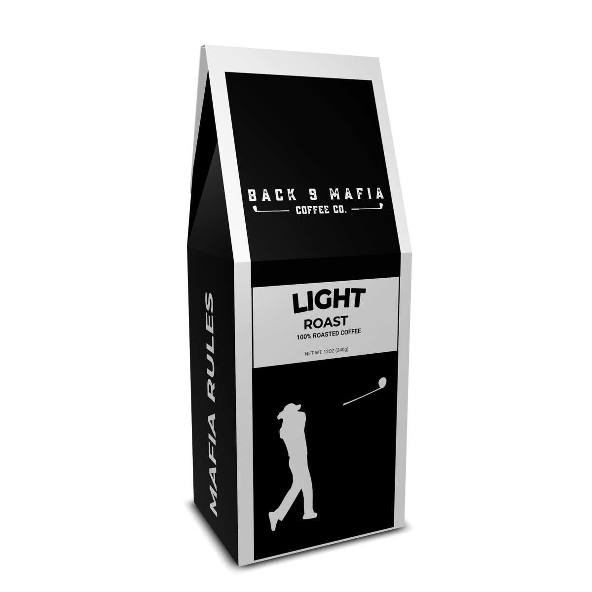 Back 9 Mafia Coffee Light Roast - black 12 oz box with the golfer mark and MAFIA RULES down the side