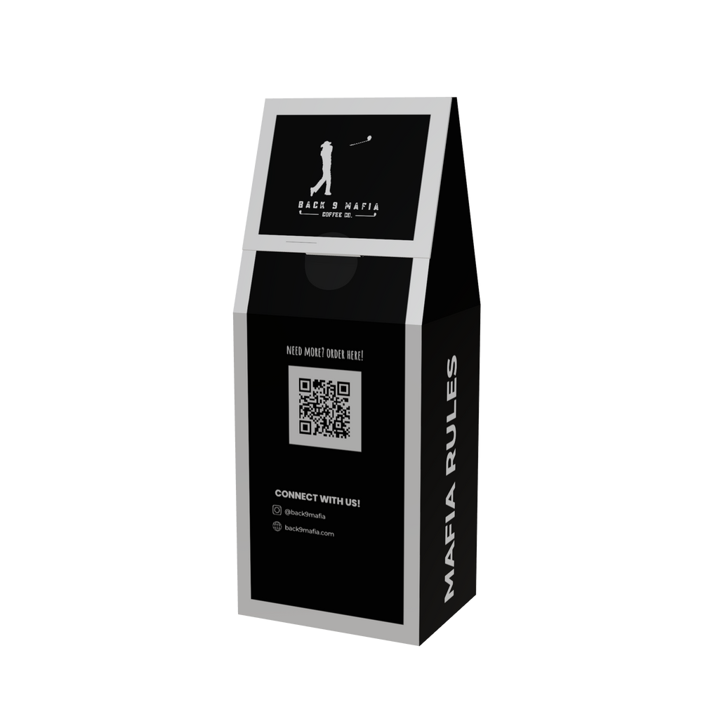 Recovery Mushroom Superblend - black 12 oz box of ground mushroom coffee with the Back 9 Mafia golfer mark