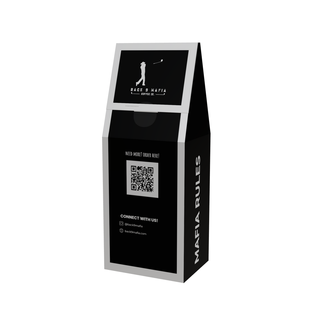 Recovery Mushroom Superblend - black 12 oz box of ground mushroom coffee with the Back 9 Mafia golfer mark