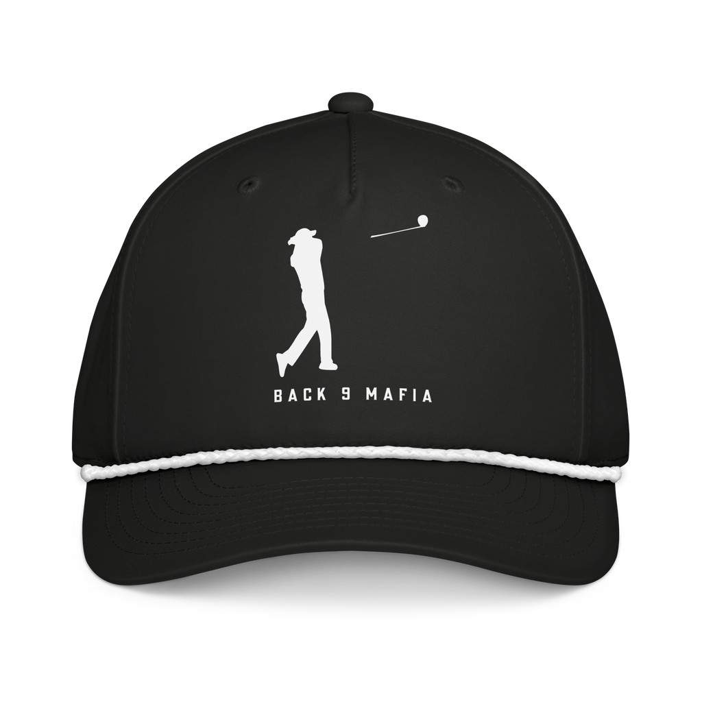Mafia Rope Hat in black, front — braided rope across the bill