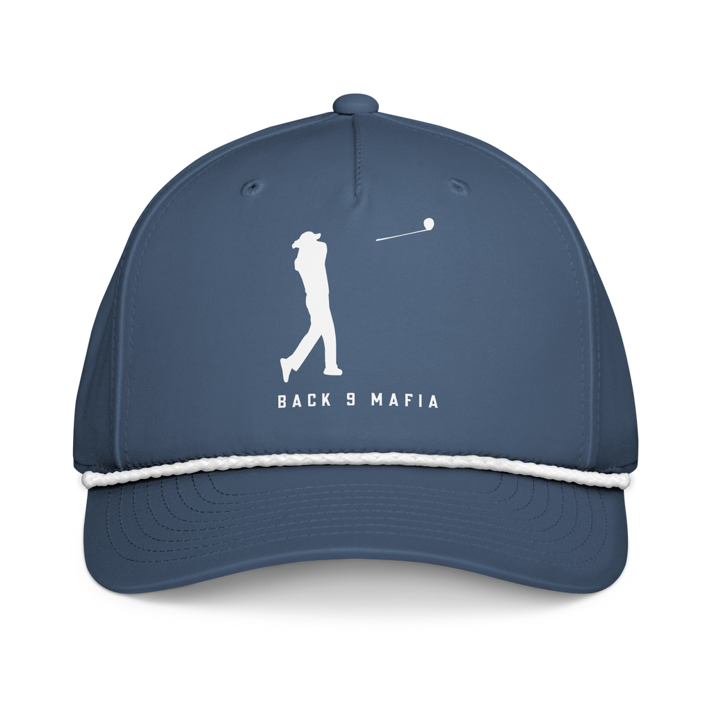 Mafia Rope Hat in light blue, front — braided rope across the bill
