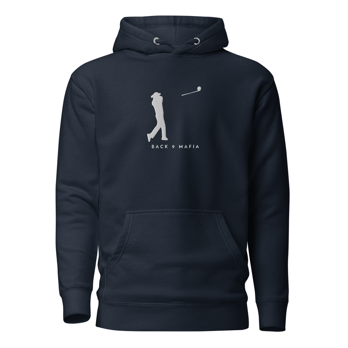 Mafia Hoodie in navy blazer, embroidered chest mark