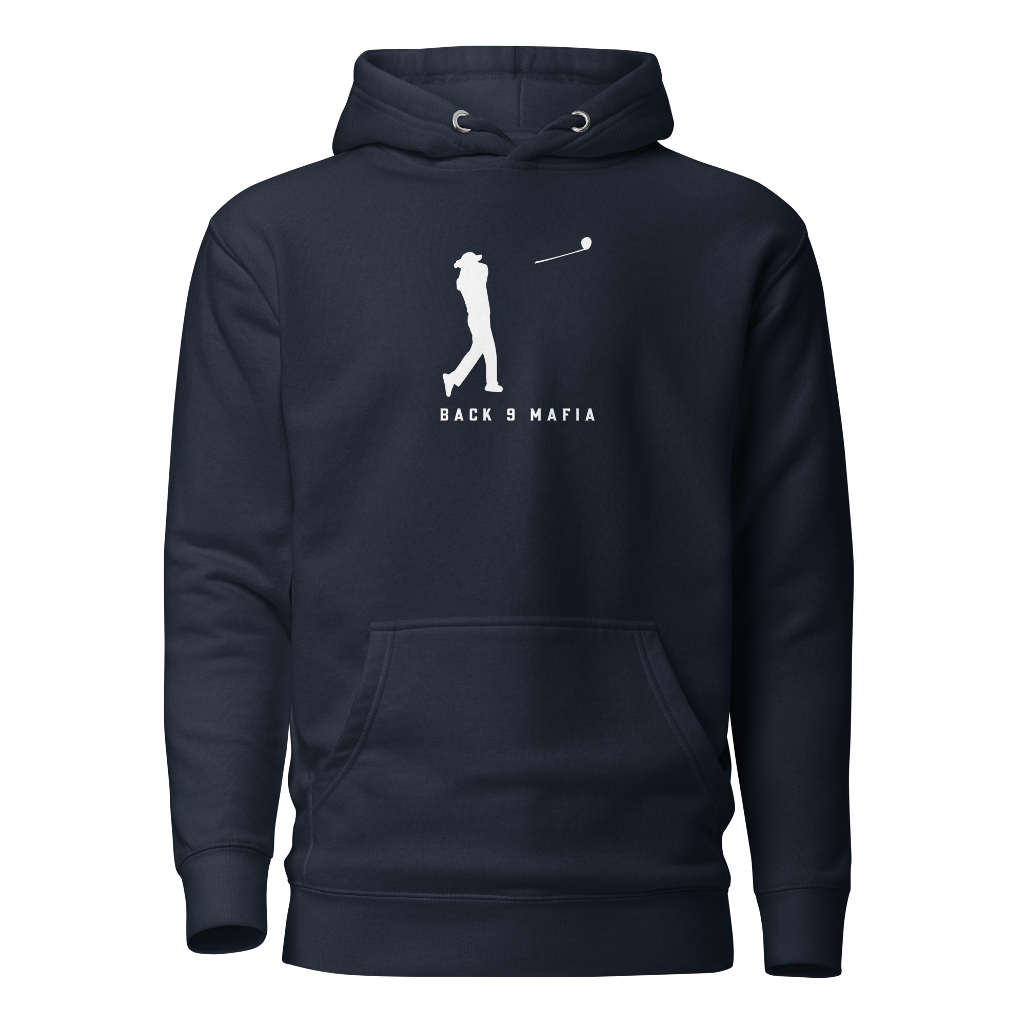 Mafia Hoodie in navy blazer, printed chest mark