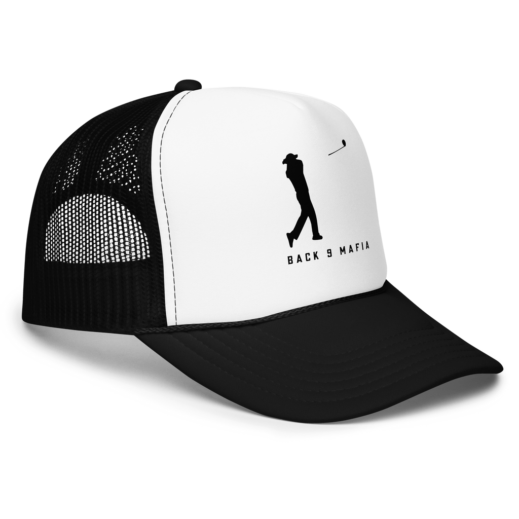 Mafia Foam Trucker in black and white, front — foam front panel with the golfer mark