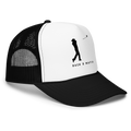 Mafia Foam Trucker in black and white, front — foam front panel with the golfer mark