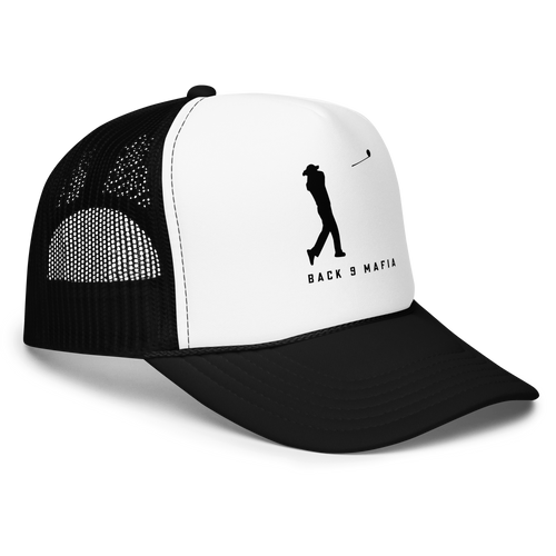 Mafia Foam Trucker in black and white, front — foam front panel with the golfer mark