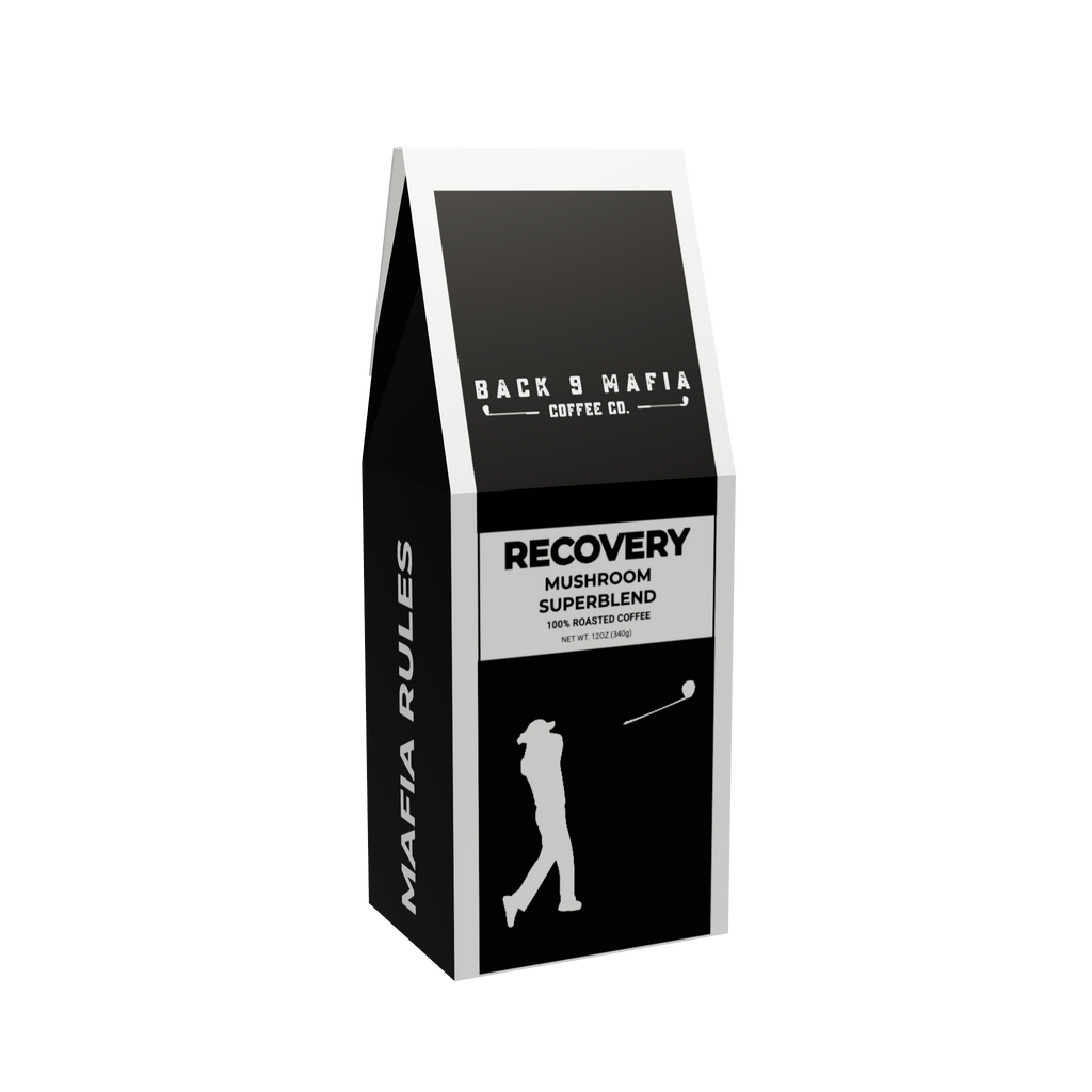 Back of the Recovery Mushroom Superblend box - QR code, @back9mafia and back9mafia.com