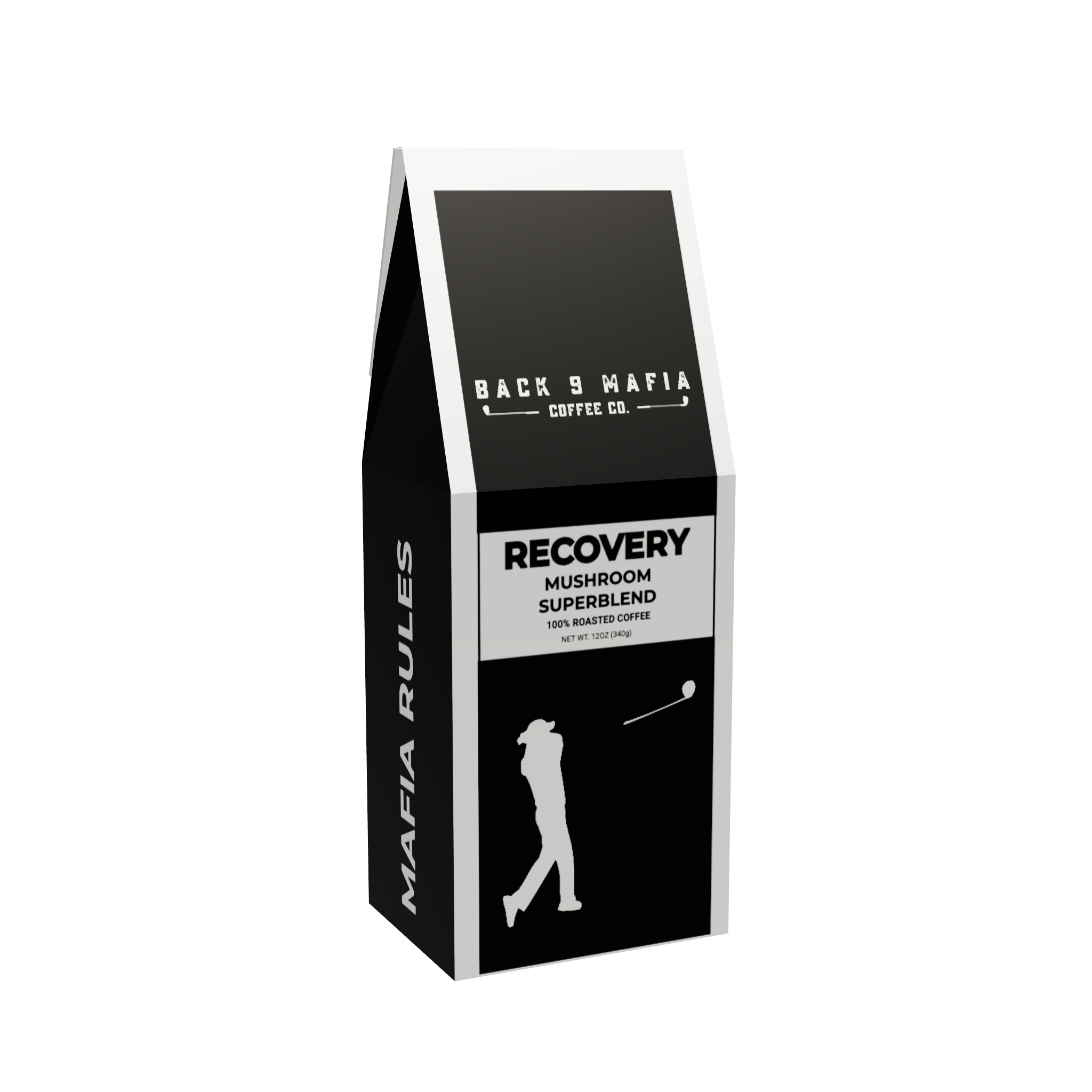 Back of the Recovery Mushroom Superblend box - QR code, @back9mafia and back9mafia.com