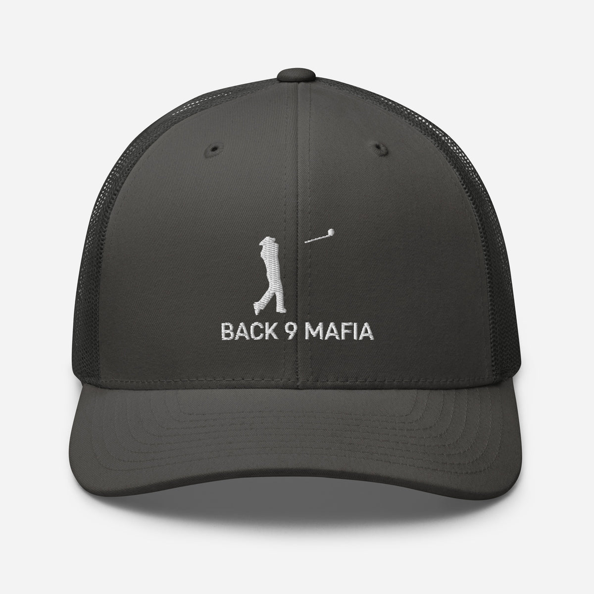 Mafia Trucker in charcoal, front — Back 9 Mafia golfer mark on the panel