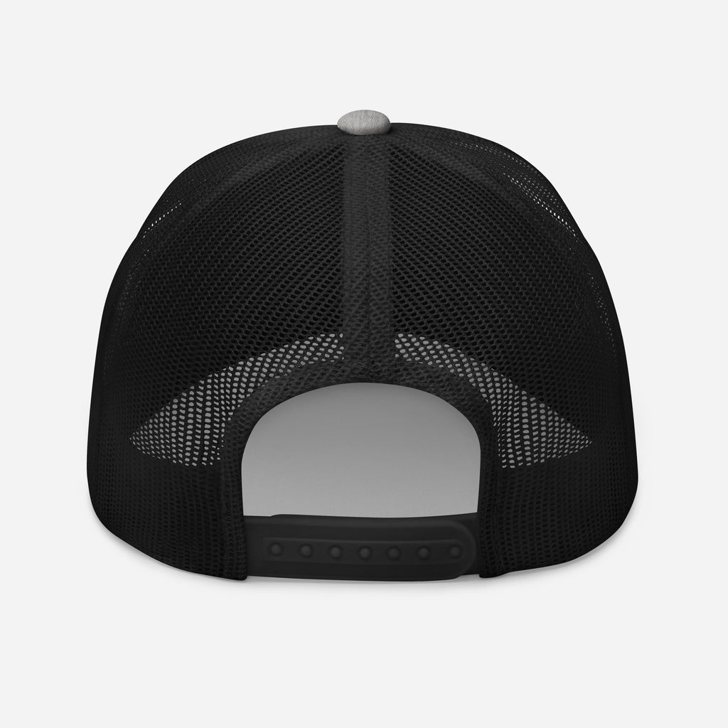 Mafia Trucker in heather and black, back — mesh panels and adjustable snap