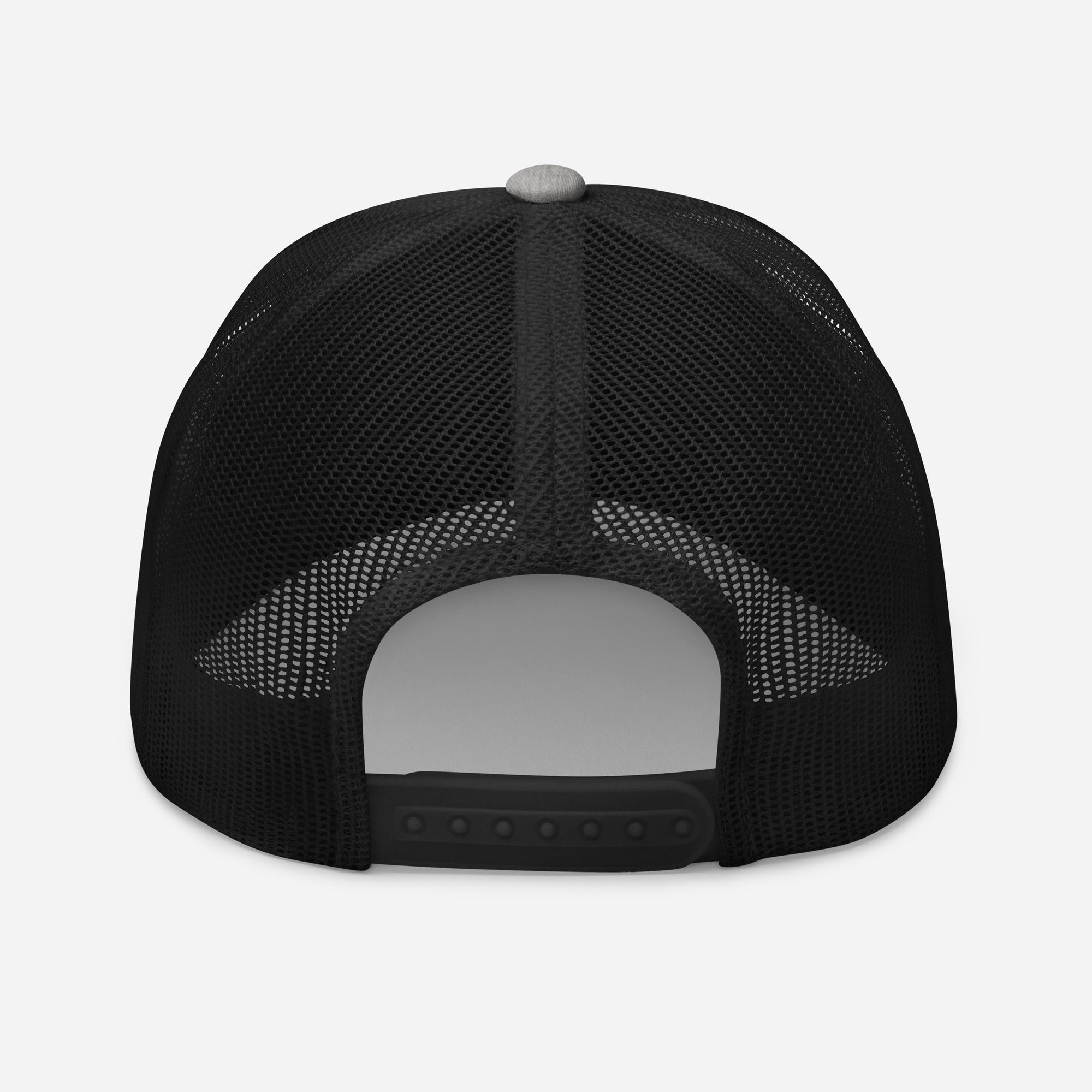 Mafia Trucker in heather and black, back — mesh panels and adjustable snap